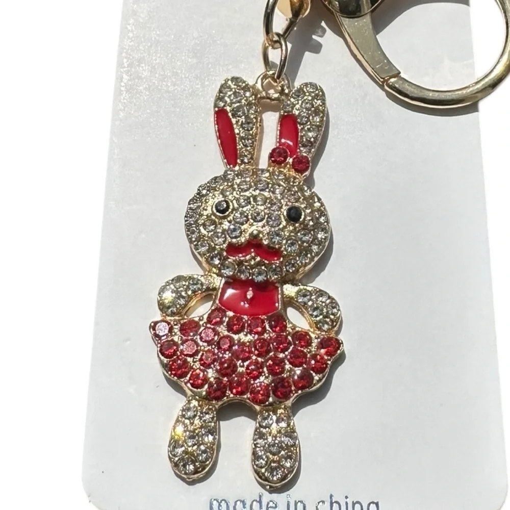 3/$25 Mint Sparkle.Rhinestone Jeweled Red Rabbit Bunny Purse Keychain Bag Charm